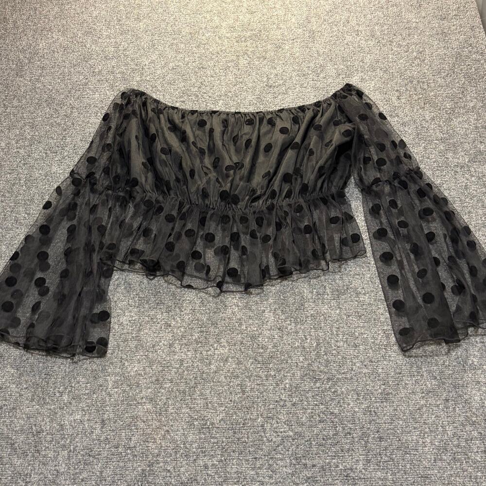 Nasty Gal Black Sheer Mesh Polka Dot Off Shoulder Crop Top Blouse Womens Size 12